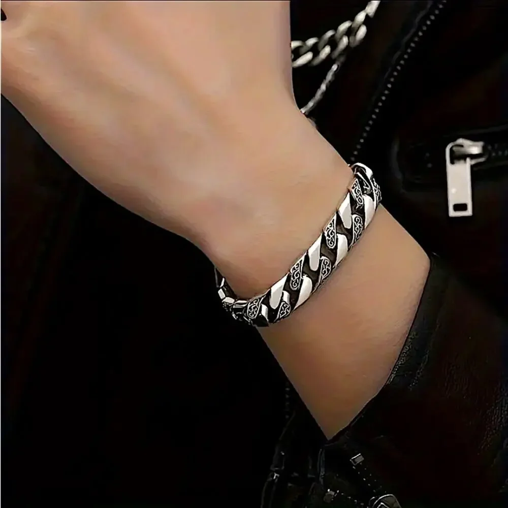 Stainless Steel Chain Link Bracelet, Mantra, Curb Hand Woven Engraved